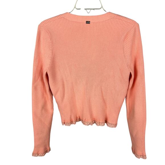 For Love and Lemons Peach Ribbed Long Sleeve V Neck Button Front Cardigan L - Picture 3 of 7